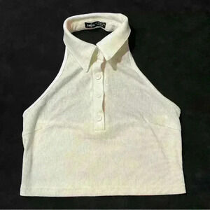 SHEIN White Sleeveless Quarter Button Collar White Summer Crop Top Size L